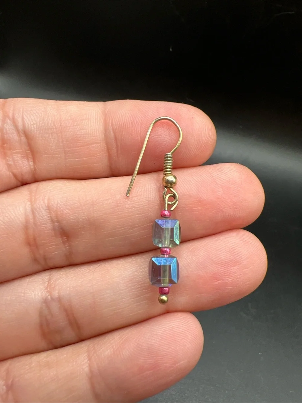 Handmade Beaded Dangle Earrings Lot of 2 Pink Cat’s Eye & Aurora Borealis Glass